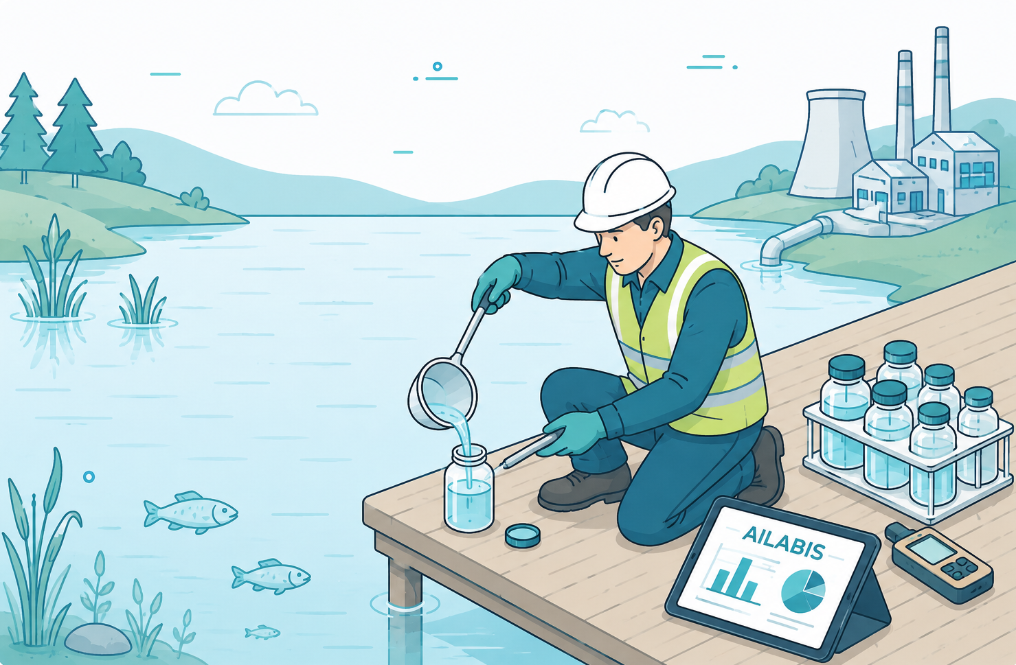 Technician collecting a water sample by a lake, AILABIS open on a tablet